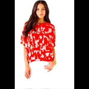 DIANE VON FURSTENBERG, Coral/white silk Top Size P/02, Authentic DVF